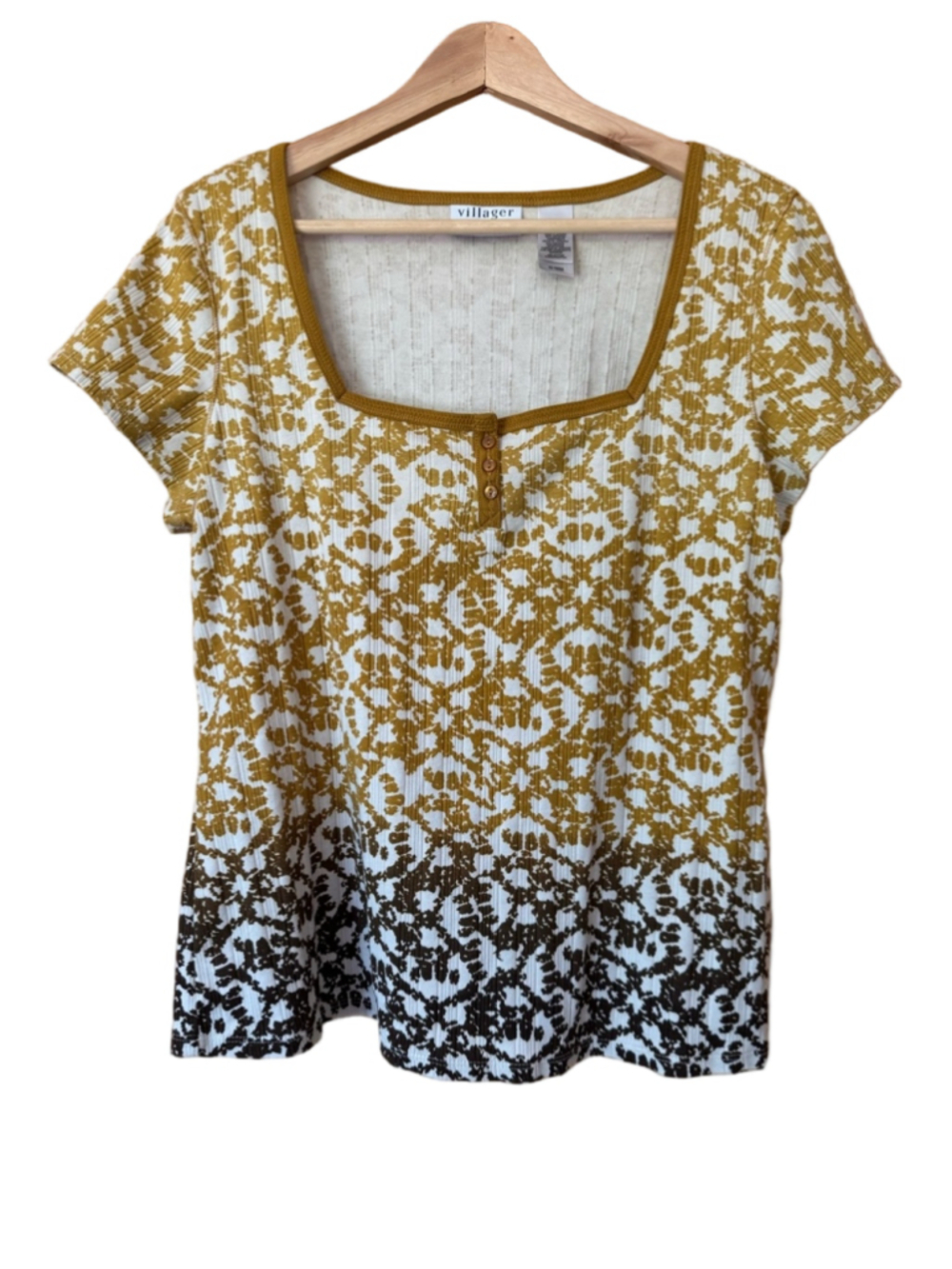 Vintage Villager Gradient Floral Print Square-Neck Ribbed Knit Top size 1X